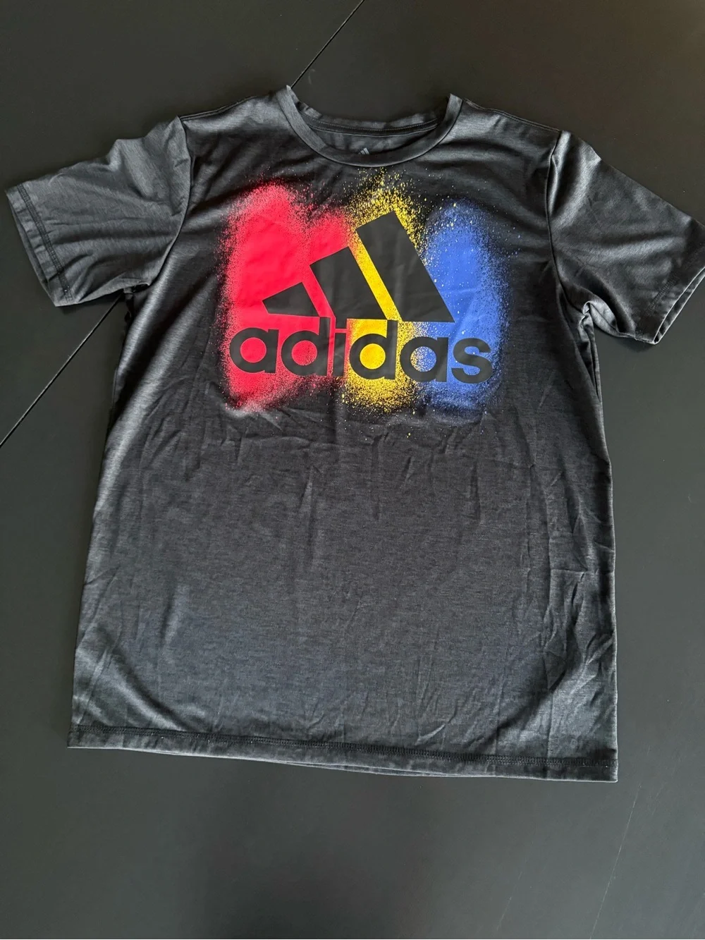 adidas Black Short-Sleeve Tee with Red, Yellow & Blue Splash Logo kids 14-16